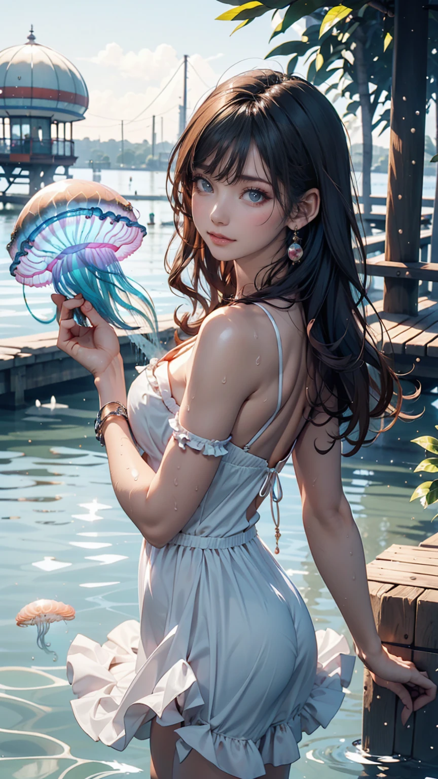 cute女の子、Yeah,Flat Chest,cute,(Jellyfish Girl:1.2), Put your arms behind your back,In the water,Ruffled Dress,sexy