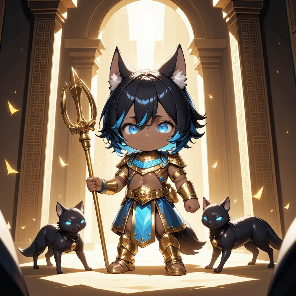 masterpiece, best quality, 8k resolution, ultra-detailed, vibrant colors, chibi Anubis boy, humanoid  with jackal features, cute and serious expression, large black jackal ears on his head, short black jackal tail, slightly tanned dark skin, glowing blue eyes, Egyptian-inspired black and gold hair with blue streaks, wearing traditional Egyptian funerary attire (detailed gold and blue jewelry, golden arm guards, and royal nemes headdress). He holds a golden staff with an ankh symbol, standing confidently. Two small black jackals with sleek fur and glowing blue eyes sit on either side of him as companions. Background: ancient Egyptian tomb interior, sandstone walls with detailed golden hieroglyphs, warm mystical lighting, sharp focus, balanced anime style, digital painting.