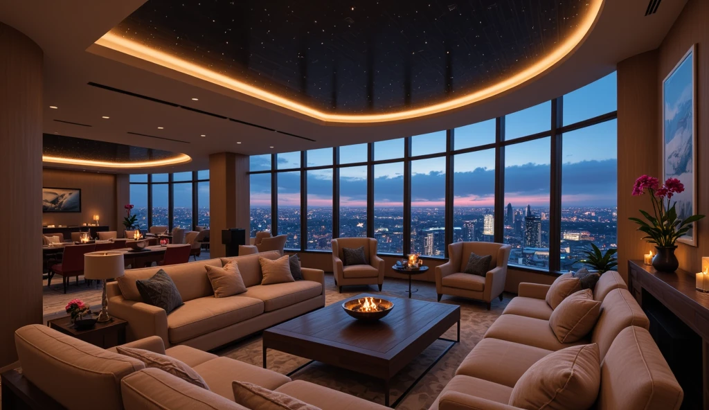 The interior of this luxurious apartment exudes a warm and inviting ambiance, highlighted by soft, plush seating arrangements and sophisticated decor. Strategically placed lighting under a starry ceiling complements the panoramic view of the bustling cityscape outside, visible through expansive floor-to-ceiling windows. This setting not only offers comfort but also a sense of connection to the vibrant life below. Such an environment is ideal for both relaxation and entertaining guests, blending modern aesthetics with breathtaking views.