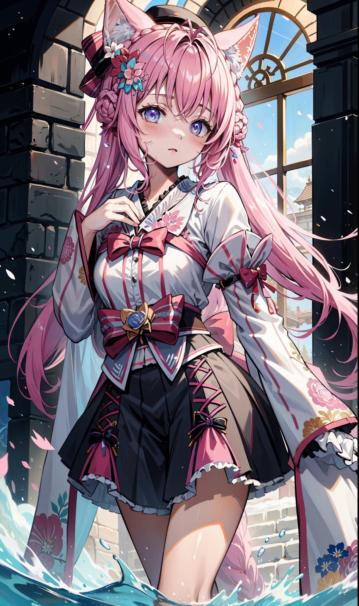 masterpiece,  Top quality,   high resolution,  masterpiece:1.2,    High Quality , 8K,    beautiful and detailed growth   , happy，Long skirt，Taisho style，Small hat， blush，Japanese clothing，Side Ponytail， Fantasy World , Ice and snow flying ,  winter，Mysterious landscape ，Black gloves，Strike a pose，Gorgeous sleeves ， lots of clothes on the chest，Small bust curve 