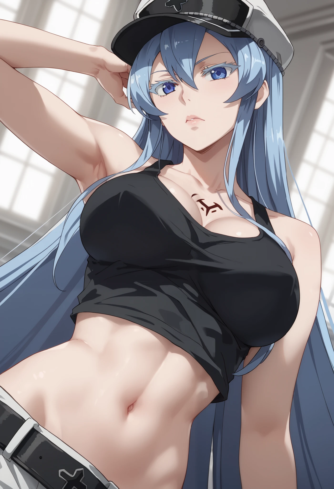 esdeath, blue eyes, blue hair, long hair, BIG BREASTS, eyelashes, red face, hat, Black Tank Top, Navel, Black Miniskirt, Cap , Looking at Camera, Stylish Poses, Stylish Angle, stare The camera focuses on the center of the image,