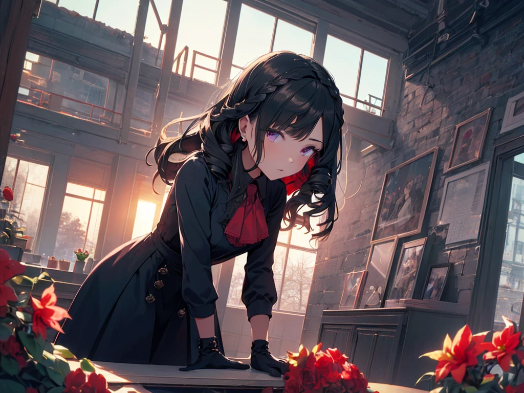 (Alone:2), (Girl, Human Ears:2), (Leaning Forward to Accentuate Upper Body:2), (Looking Down:2), (Long Black Hair:2), (Gorgeous Blue High-Neck Collared Casual Dress, Opera Gloves:2), (Surrounded by Lots of Red Flowers:2), (Sunset Sky, Sunset, Dusk, Strong Wind), (((High Resolution, Masterpiece, Accurate, Anatomically Correct, Multiple Awards, Top Quality, Detailed, High Quality, Extremely Detailed, Ultra High Resolution))).