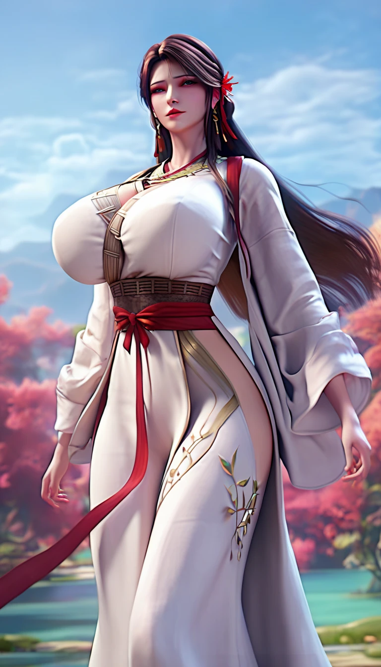 score_9,score_8_up,score_7_up,high res image,masterpiece,best quality,Delicate face,mature female,zmzq,Expressiveh,(dark brown hair,adorned with a red ribbon,:1.4),(dressed in a flowing, white robe with intricate gold embroidery and a red sash tied at the waist:1.4),(big breasts:1.3),(large teardrop breasts:1.4),(big breasts:1.3),(large teardrop breasts:1.4),(huge_ass:1.2),(cowboy_shot:1.3),