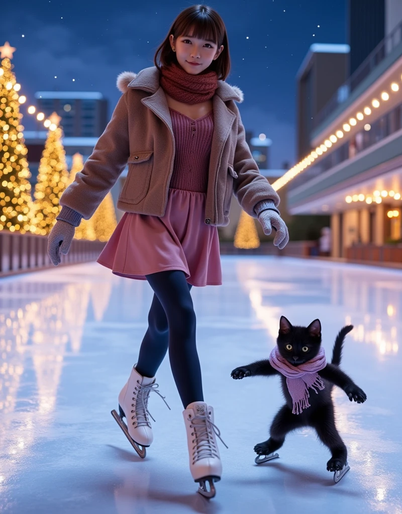 ultra-realistic, photorealistic, dramatic scene, shadow, global-illumination, solo, (teenage Japanese famous idol girl), very beautiful fragile Japanese girl, very beautiful with very cute, (very large breasts), slim waist, shoulder-length brown hair, she is wearing\(a elegant winter jacket over a stylish pink one-piece dress, reddish brown woolen scarf, glove, short boots, dark navy tights\), (very large breasts), she is ice skating with a cute black kitten\(ears down, wearing white skates on all four legs, light purple woolen scarf\), she is squatting At an outdoor skating rink on the roof of a department store, at night, professional lighting, amazing view of skyscrapers with milky way, (there are festively decorated Christmas trees), showing a graceful ice skating technique, quick turn, Brilliant turns on ice skates, smile,she looks so happy