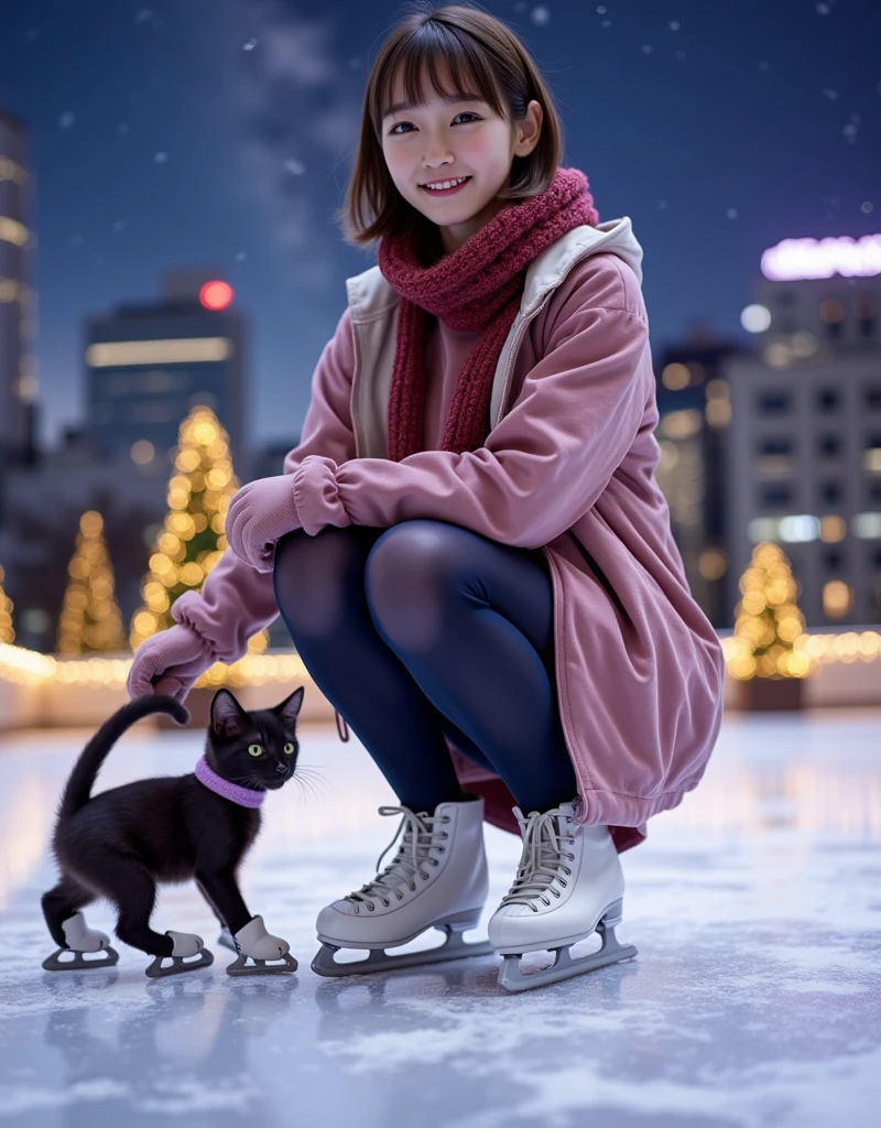 ultra-realistic, photorealistic, dramatic scene, shadow, global-illumination, solo, (teenage Japanese famous idol girl), very beautiful fragile Japanese girl, very beautiful with very cute, (very large breasts), slim waist, shoulder-length brown hair, she is wearing\(a elegant winter jacket over a stylish pink one-piece dress, reddish brown woolen scarf, glove, short boots, dark navy tights\), (very large breasts), she is ice skating with a cute black kitten\(ears down, wearing white skates on all four legs, light purple woolen scarf\), she is squatting At an outdoor skating rink on the roof of a department store, at night, professional lighting, amazing view of skyscrapers with milky way, (there are festively decorated Christmas trees), showing a graceful ice skating technique, quick turn, Brilliant turns on ice skates, smile,she looks so happy