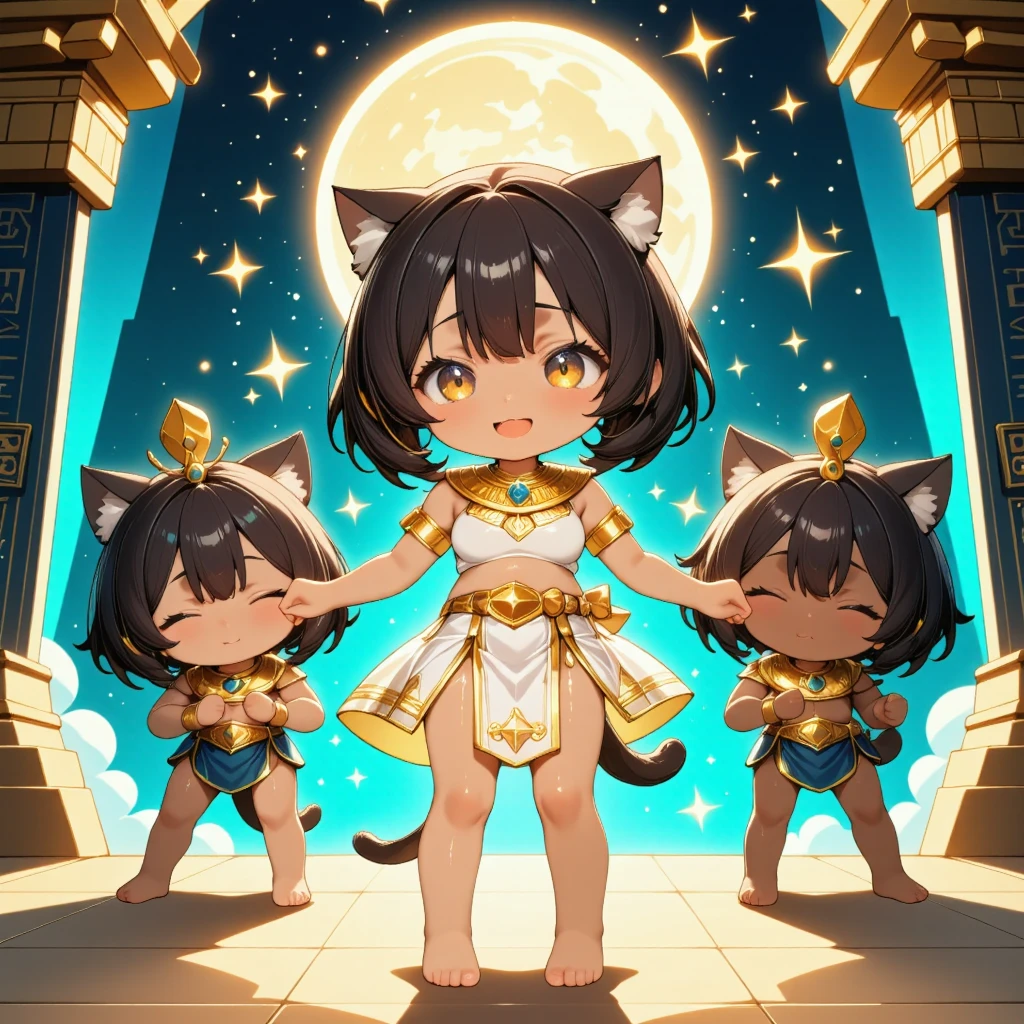 masterpiece, best quality, 8k resolution, ultra-detailed, vibrant colors, cute chibi Bastet girl dancing, tan skin, dark brown bob hair, cat ears, slender cat tail, sparkling gold eyes, white-gold Egyptian outfit, joyful expression.  Accompanying her are Anubis (standing to the left), Horus (standing to the right), playful poses. Background: ancient Egyptian mystic atmosphere, cosmic fantasy, glowing stars, celestial patterns, ethereal hieroglyphs, golden accents, teal and deep space blue hues. Pop-art style, vibrant colors, ultra-detailed, clean lines, anime illustration.