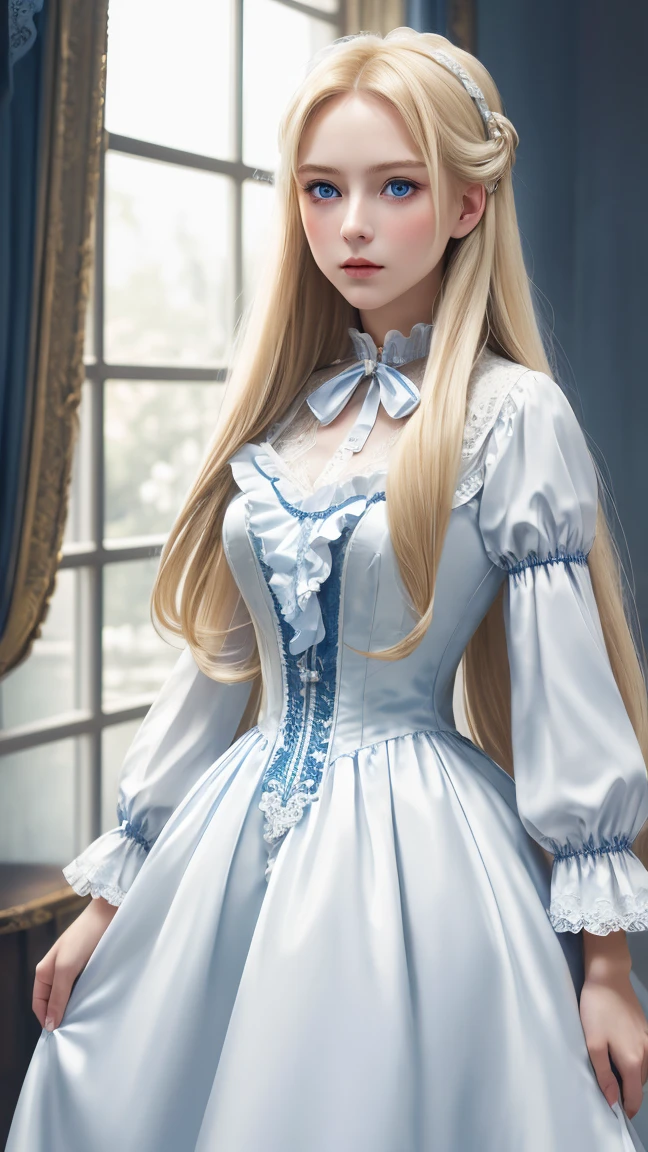 (best quality), 1girl, female, pale skin, white hair, long hair, swept bangs, straight hair, blue eyes, perfect eyes, victorian-inspired dress, , skinny body, flat chest, blush, masterpiece, anatomically correct, highres
