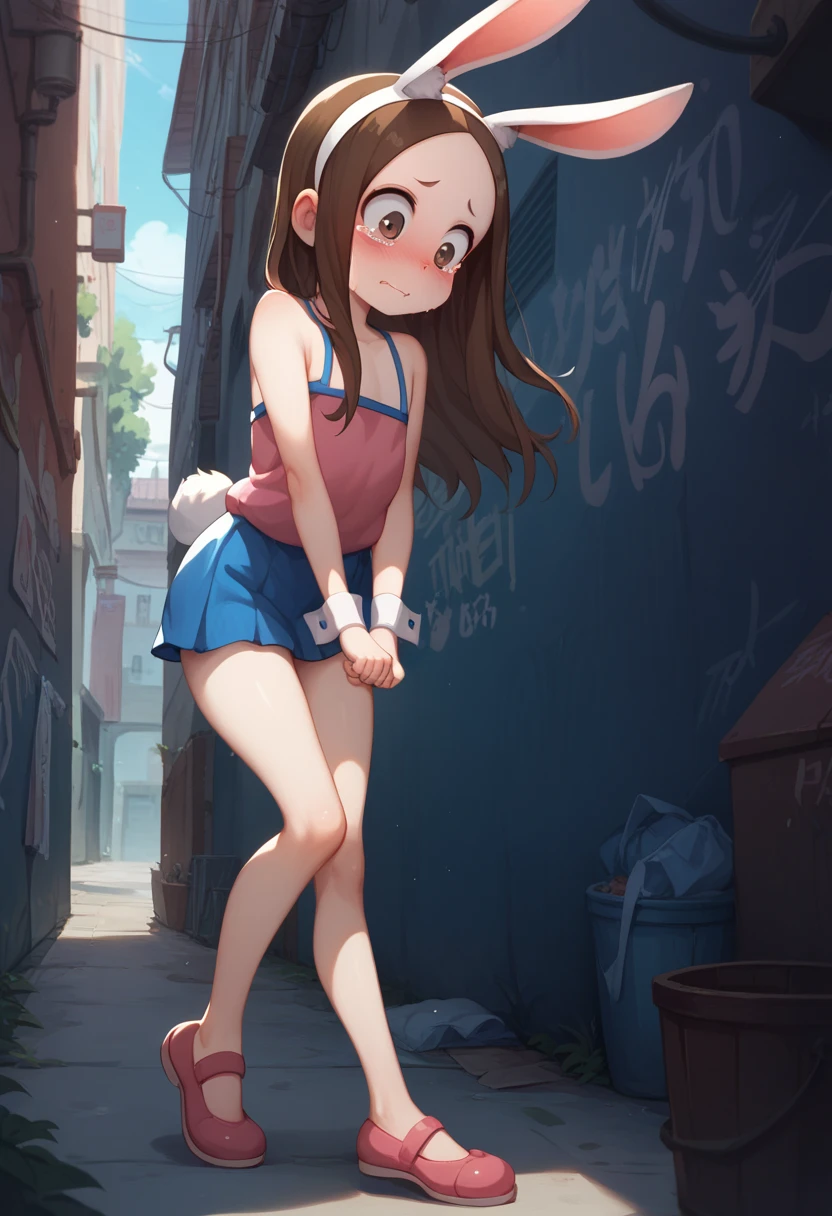  on the body Be careful， 1 girl， Teasing Master Takagi ， Blushing ， shy ，Huh ～，Teary-eyed，Brown Hair， long hair on background，Forehead， flat chested，Young body， thighs that aren't thin ，（ bunny girl clothes， rabbit ear headband， open both legs wide，Standing on tiptoes），first round，Back Alley，night