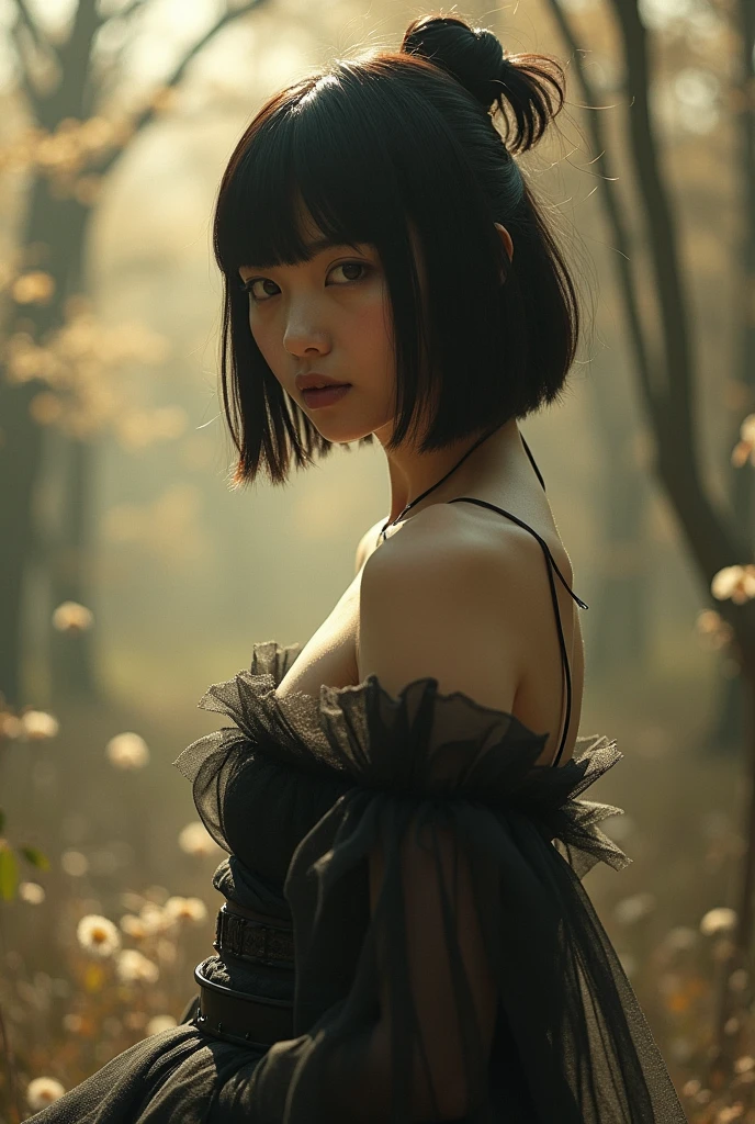 EDITORIAL PHOTOGRAPHY,  Super Detailed Backgrounds  ,Super Real, Shade,depth of field, perfect anatomy、Goddess Amenouzumenomikoto 、full body、cool beauty super slim skinny video, Soft Focus Sepia Tone ,movie scene,It was transparent,Wabi-sabi,Shioriness,looking at the camera、Nipples、Geometric model witch costume,is looking away at the female genitals,  Super Short Straight Bob Hairstyle ,Japanese Mythology Worldview 、natural light、Heaven Realm