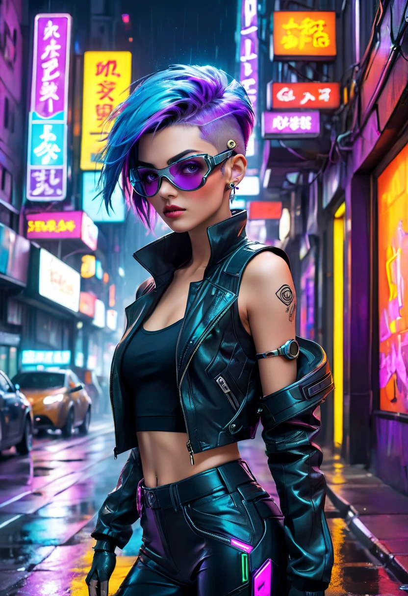 (masterpiece, best quality, ultra detailed:1.2), (anime style:1.3), (a neon-lit cyberpunk city scene), (solo:1.4), (a cool and stylish young woman), (short choppy vibrant blue hair, undercut:1.1), (piercing purple eyes, sharp gaze, confident expression:1.2), (slightly parted lips, serious expression:1.1), (athletic body, toned muscles, cybernetic enhancements:1.2), (wearing a dark futuristic jacket, tight pants with straps, glowing neon accents:1.3), (cybernetic arm, futuristic goggles on her head:1.2), (fingerless gloves, chunky boots, multiple piercings:1.1), (subtle blush, intense gaze:1.1), (leaning against a wall, confident and relaxed pose:1.3), (background of a gritty, neon-lit city street, holographic billboards, flying cars:1.2), (dynamic lighting, strong contrasts, neon glow effects:1.1), (rain puddles reflecting neon light:1.2)