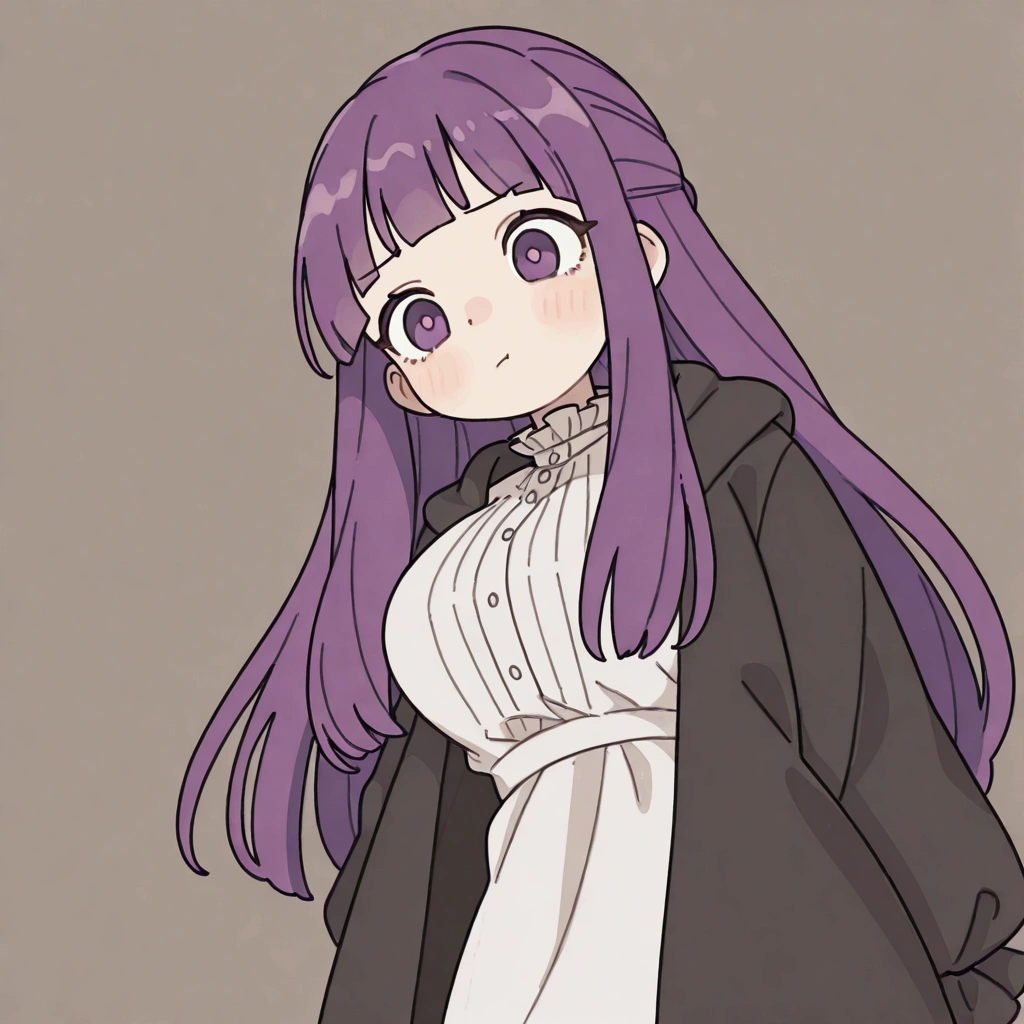 solo,1girl,fern\(sousou no frieren\),long hair,purple eyes,purple hair,bangs,long sleeves,white dress,shirt,wide sleeves, nurefpnxl, big breast,white dress, black coat,:t, pout.3d\),(from below:1.5),close up of face,forrest,Open space. BREAK .quality\(8k,wallpaper of extremely detailed CG unit, high resolution, top-quality, top-quality real texture skin, hyper realistic, increase the resolution, RAW photos, best quality, highly detailed, the wallpaper, golden ratio, high saturation realism, vibrant colors, dramatic lighting, persuasive storytelling, atmospheric scenery, captivating visuals, intricate details, strong emotions, dreamlike world\)