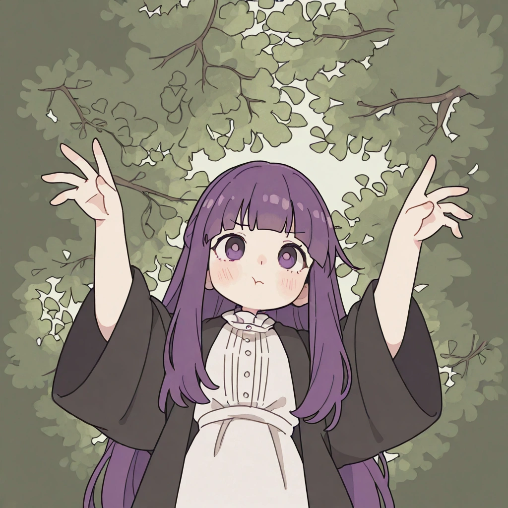 solo,1girl,fern\(sousou no frieren\),long hair,purple eyes,purple hair,bangs,long sleeves,white dress,shirt,wide sleeves, nurefpnxl, big breast,white dress, black coat,:t, pout.3d\),(from below:1.5),close up of face,forrest,Open space. BREAK .quality\(8k,wallpaper of extremely detailed CG unit, high resolution, top-quality, top-quality real texture skin, hyper realistic, increase the resolution, RAW photos, best quality, highly detailed, the wallpaper, golden ratio, high saturation realism, vibrant colors, dramatic lighting, persuasive storytelling, atmospheric scenery, captivating visuals, intricate details, strong emotions, dreamlike world\)