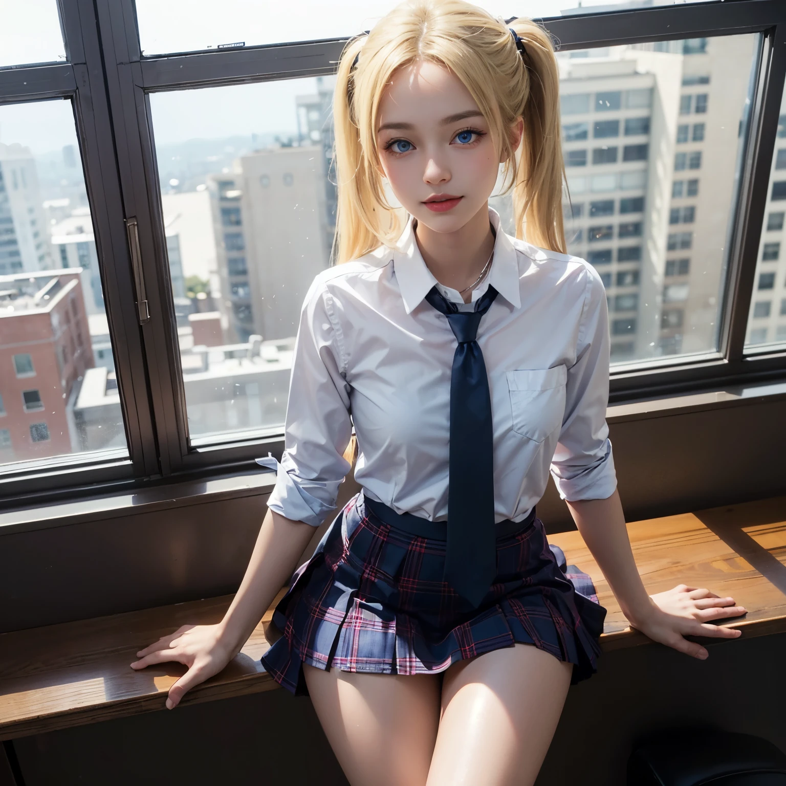 one person、one person、Blonde、A 17-year-old high school girl poses for a photo in a short-sleeved white sailor uniform、Blonde、victory、Twin tails、Tsundere、masterpiece、High-level image quality、Sharp focus）、White shirt、Cleavage、Red tie、Navy and red checked mini skirt、cute、Japanese women、17 years old、sexy、Laughter、(Perfect Anatomy、Delicate and beautiful hands and feet)、Blue Wall,Small breasts、Nogizaka Idol、Slender figure、sexy、I can see your thighs