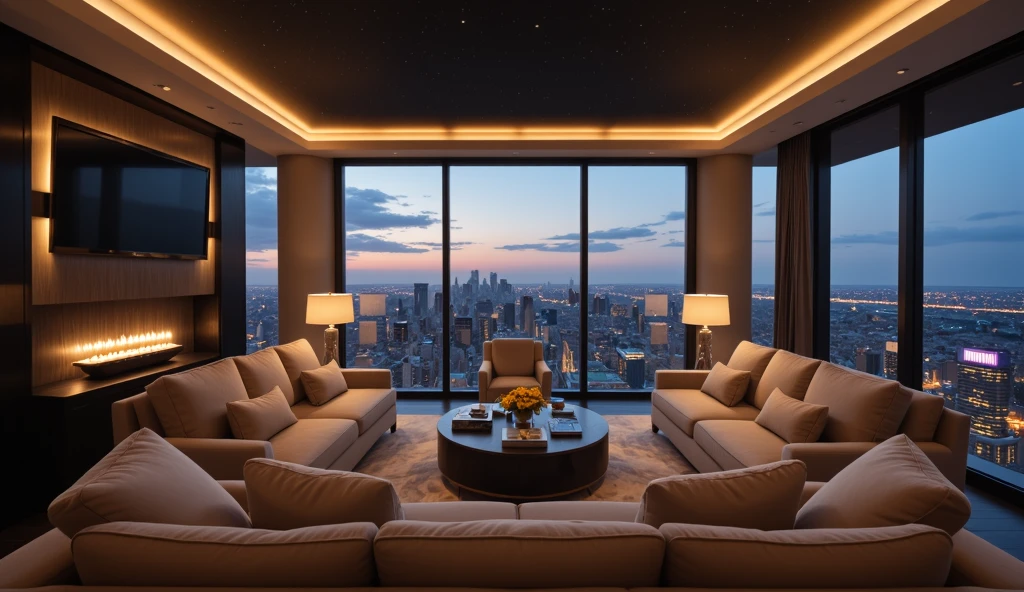 The interior of this luxurious apartment exudes a warm and inviting ambiance, highlighted by soft, plush seating arrangements and sophisticated decor. Strategically placed lighting under a starry ceiling complements the panoramic view of the bustling cityscape outside, visible through expansive floor-to-ceiling windows. This setting not only offers comfort but also a sense of connection to the vibrant life below. Such an environment is ideal for both relaxation and entertaining guests, blending modern aesthetics with breathtaking views.