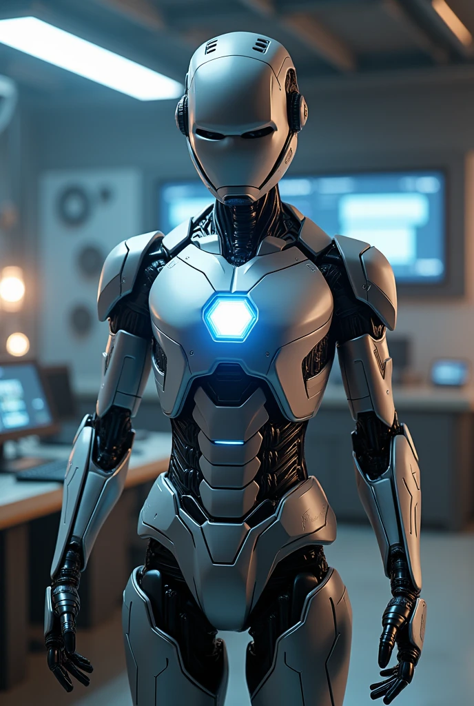 Iron Man Buddha Hybrid，Hazy Chaos，（White to blue），Futuristic cyberpunk style，Religious symbolism，Porcelain surface corner，Clean reflection，Subsurface scattering，Divine Light，Warm wide lighting，Rim Light，Realistic ultra-details，Unreal Engine