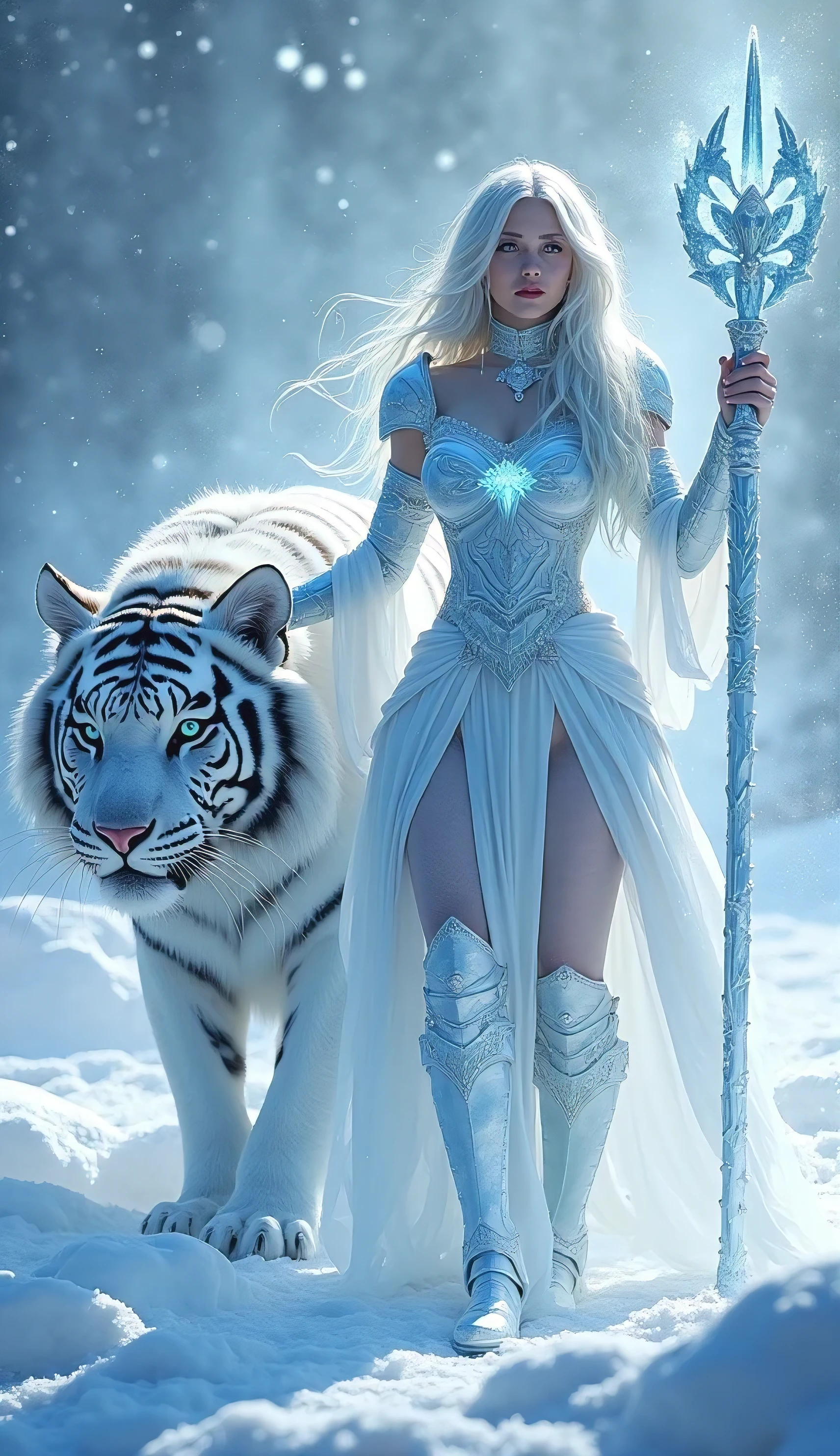 In a raging snowstorm, a warrior woman, with her silvery hair and piercing blue eyes, stands firm. Her glowing pattern white armor glistens with ice, and she wields a shimmering staff of rime ice. With a dramatic stance, she commands the storm, sending shockwaves of ice towards her enemies. Her boots leave trails of ice, and the cold, diffused light highlights the ethereal beauty and lethal force of her powers. Beside her, a giant wihttiger offers a spark of warmth.