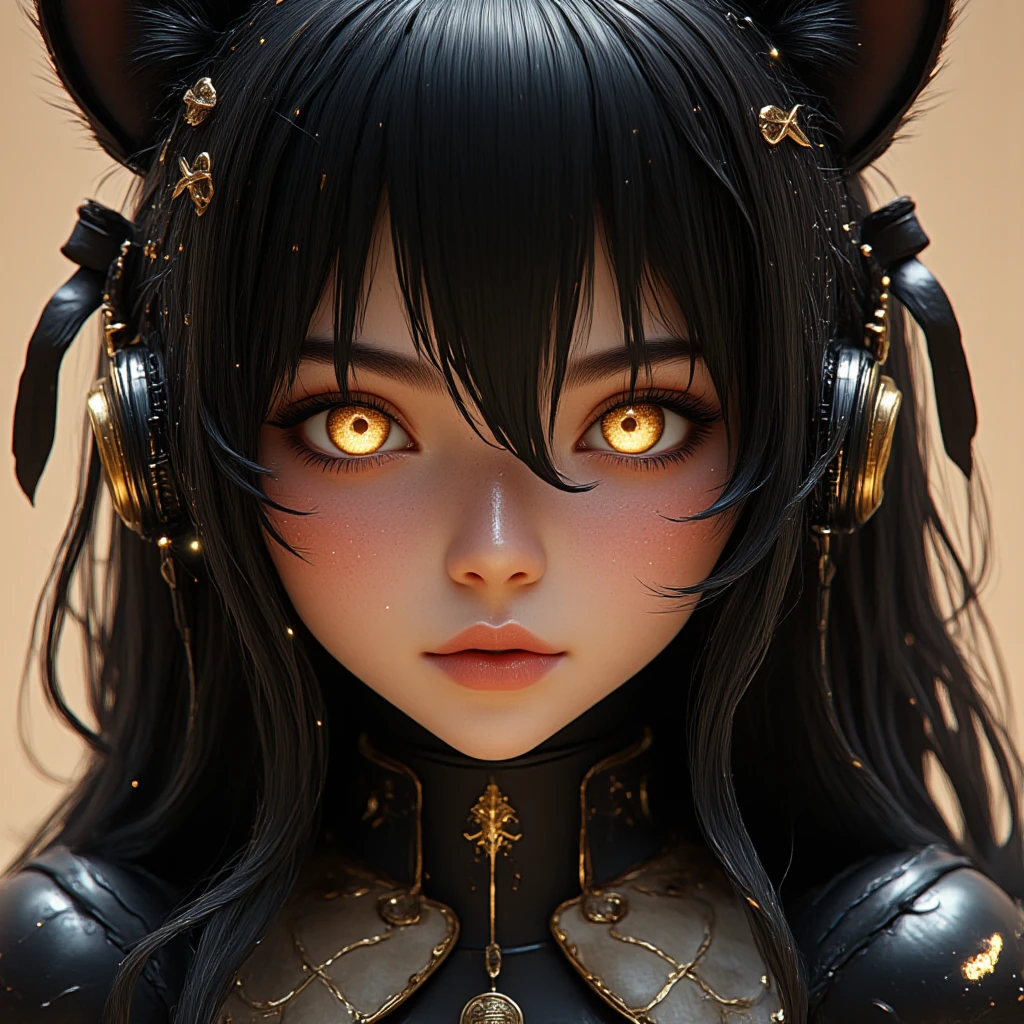  high definition , masterpiece,  anatomically correct, accurate,  top quality,  details,  high definition model,  very detailed,  textured skin,  black hair, Hair covering one eye,  shiny hair ,  Big Breasts ,  earrings, Squirrel Ears,  cat ear headphones,  smiles,  open her mouth ,  open your mouth slightly ,  golden eyes, happiness/joy,  eyes sparkle,  Dutch Angle,  ribbon hair accessory , Earphones,  take off the hood, x shaped hair ornament,  glitter effects,  Proximity Method,  Drop Shadow , Diffraction Spike,  Film Grains ,  3d rendering, 