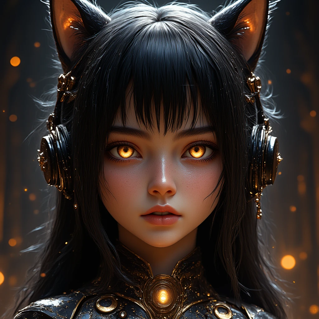  high definition , masterpiece,  anatomically correct, accurate,  top quality,  details,  high definition model,  very detailed,  textured skin,  black hair, Hair covering one eye,  shiny hair ,  Big Breasts ,  earrings, Squirrel Ears,  cat ear headphones,  smiles,  open her mouth ,  open your mouth slightly ,  golden eyes, happiness/joy,  eyes sparkle,  Dutch Angle,  ribbon hair accessory , Earphones,  take off the hood, x shaped hair ornament,  glitter effects,  Proximity Method,  Drop Shadow , Diffraction Spike,  Film Grains ,  3d rendering, 