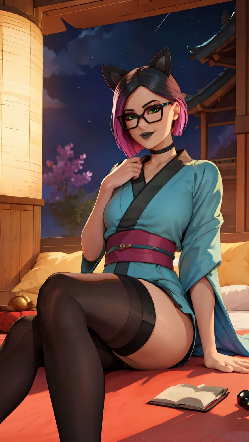 Rei,Bunny ears,purple eyes,short pink hair,makeup,rabbit tail, solo, smile, close up,hand arms behind back,
Bnuuy,glasses,round eyewear,bare shoulders,japanese clothes,detached sleeves,kimono,floral,thighhighs,hair ornament, cleavage,
fantasy lab,potions,window,
(insanely detailed, beautiful detailed face, masterpiece, best quality) <lora:Rei-10:0.7>, realistic,
