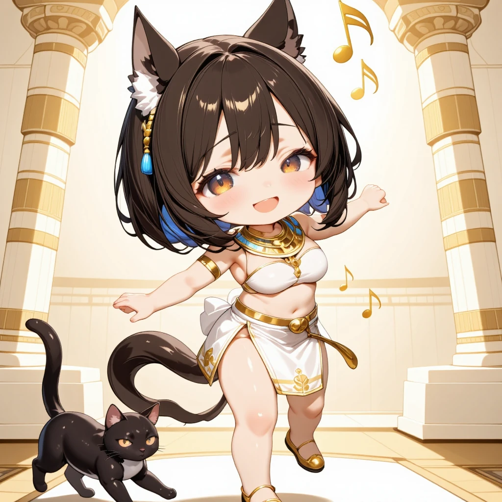 masterpiece, best quality, 8k resolution, ultra-detailed, vibrant colors,  cute chibi Bastet girl, tan skin, dark brown hair, short bob, cat ears, cat tail, large sparkling gold eyes,  ((wearing a white and gold Egyptian-style outfit)), Danceable pose (one arm extended, one leg raised), dancing to music, smiling happily,  background: , ancient Egyptian mural motif in the background, black cat dancing at feet, floating musical notes, soft colors, smooth lines, simple and light background, digital illustration, anime style