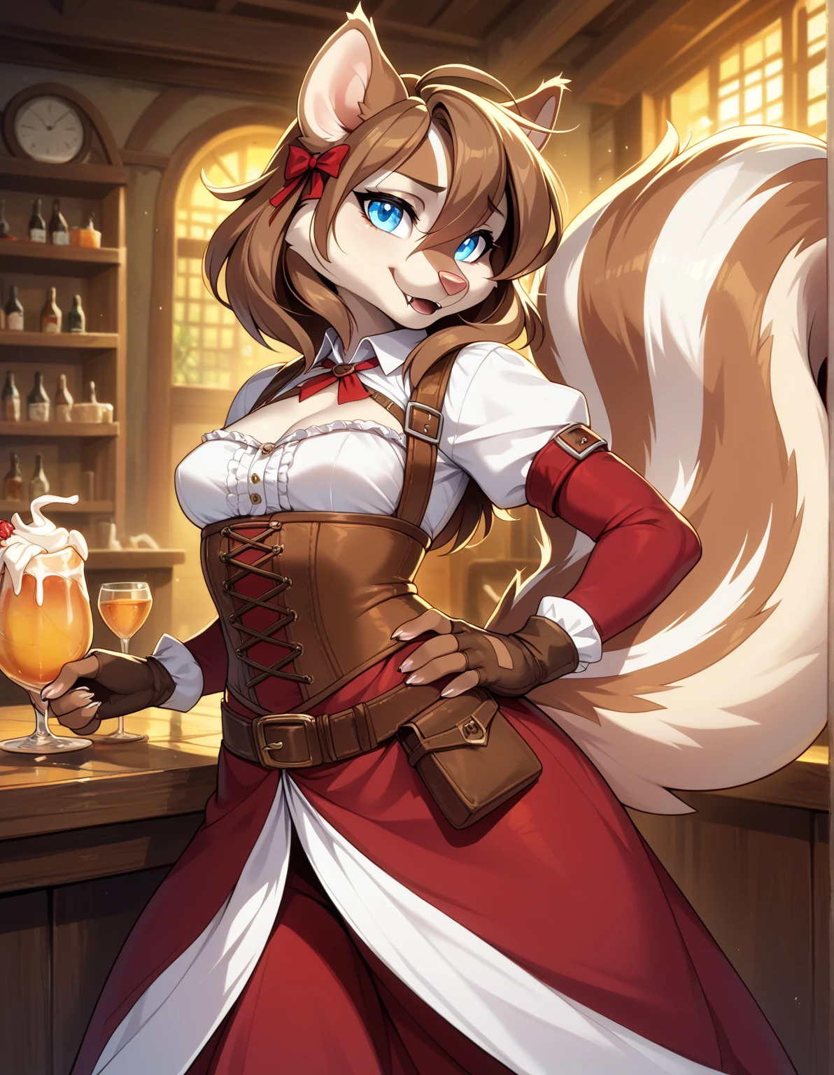 1girl, tail, furry, animal_ears,glowing blue_eyes, brown_hair, belt, looking_at_viewer, furry_female, gloves, skunk_tail, sad smile, skunk_ears, fingerless_gloves, hair_between_eyes,long skirt, hand_on_hip, snout, breasts, pouch, brown_gloves, cream white corset, skunk_girl, fangs, medium_hair, long_sleeves, small_breasts, brown_belt, artist_name, tavern outfit