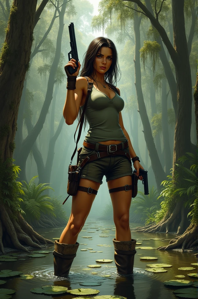 1girl,Resolute and cold gaze,Extremely detailed picture quality,Movie lighting,(Best Masterpiece),(Photography Award),(8k wallpaper),Extremely detailed anatomy of the body,Very detailed depiction of the face,(Delicate skin:1.8),(ass big:1.8);(Full breasts:1.8),(obvious muscle lines:1.5),(Red and black shorts:1.8),(Complete hands),(a big knife in hand),Thighs exposed,Upper chest exposed,(tropical jungle:2.0),(Dense jungle),(oases),(giant and wet trees),The setting sun shines obliquely,Full body appearance,Ultra photo realsisim