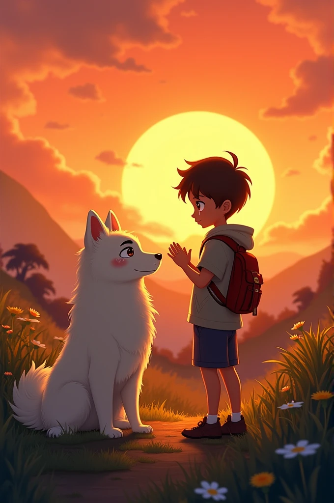   A boy with brown hair blue eyes sitting on hill with 2 dogs one is German shepherd and white shemoyed with sparkling blue eyes watching sun set in deep forest