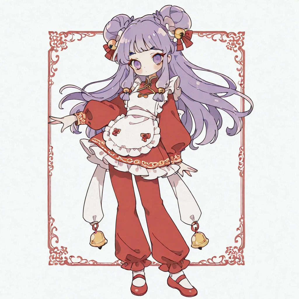 (solo:1.3),1girl\(shampoo, character of anime\(Ranma1/2\),cute,sexy, long hair, looking at viewer, bangs, simple background, hair ornament, white background, dress, purple eyes, full body, purple hair, sidelocks, hair bun, bell, double bun, chinese clothes, red short dress, (red pants:1.3), hair bell, eyeshadow, frilled apron,dynamic action pose\).background\( simple chinese design,white 1cat\). BREAK .quality\(8k,wallpaper of extremely detailed CG unit, high resolution, top-quality, top-quality real texture skin, hyper realistic, increase the resolution, RAW photos, best quality, highly detailed, the wallpaper, golden ratio, high saturation realism, vibrant colors, dramatic lighting, persuasive storytelling, atmospheric scenery, captivating visuals, intricate details, strong emotions, dreamlike world\),(dynamic angle:1.4)