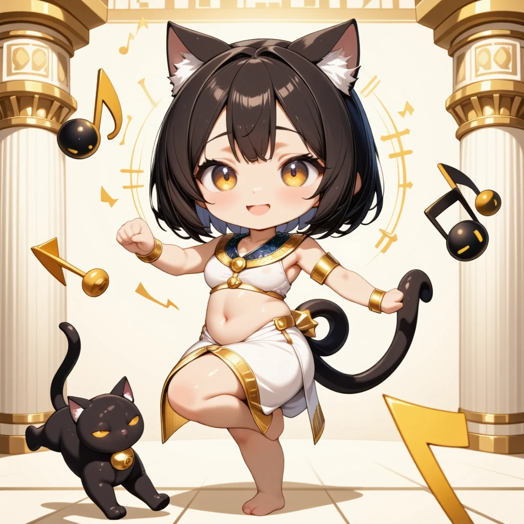 masterpiece, best quality, 8k resolution, ultra-detailed, vibrant colors,  cute chibi Bastet girl, tan skin, dark brown hair, short bob, cat ears, cat tail, large sparkling gold eyes,  ((wearing a white and gold Egyptian-style outfit)), Danceable pose (one arm extended, one leg raised), dancing to music, smiling happily,  background: , ancient Egyptian mural motif in the background, black cat dancing at feet, floating musical notes, soft colors, smooth lines, simple and light background, digital illustration, anime style