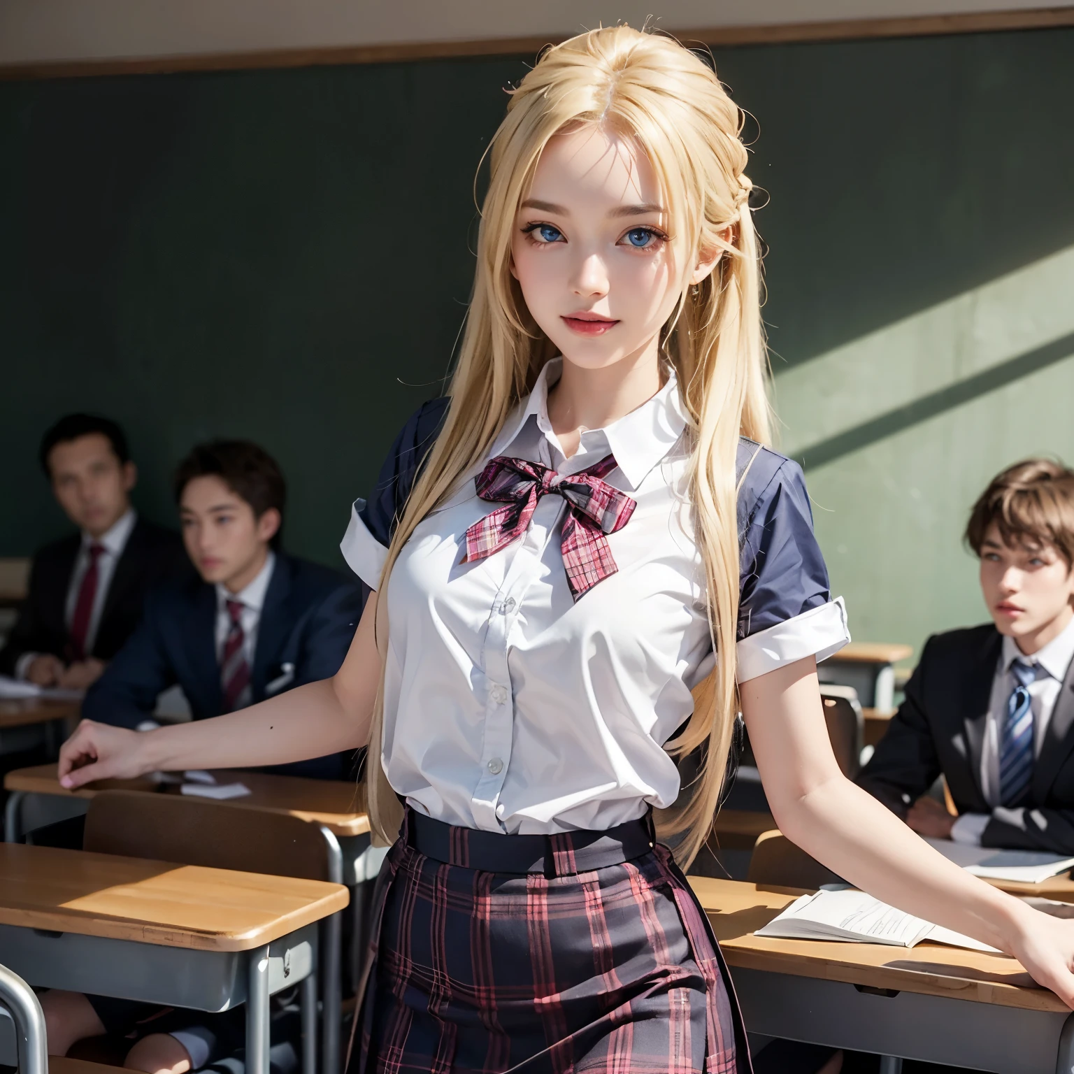 (Raw photo:1.2), (Photorealistic), Beautiful detailed girl, Very detailed eyes and face, Beautiful detailed eyes, Huge file size, High resolution, Very detailed, Best Quality, (masutepiece:1.6), Illustration, Very detailed, Fine detail, Best Quality, 8K Wallpaper, Movie Lighting,A 15-year-old female student transforms into a Super Saiyan, serious female student, Underwear, super saiyan in the classroom, White bra, white panties, White socks, Golden hair, golden aura, Invincible smile, Japan female students , Classroom Desk, chalk board