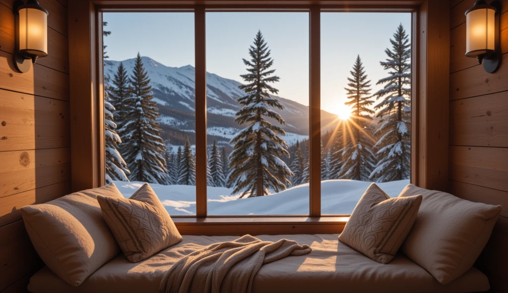 Set within a warmly lit room framed by large windows, this nook appears to be the perfect spot for relaxation. It is outfitted with soft, inviting pillows and overlooks a breathtaking winter landscape. Outside, the snow blankets the trees and ground, creating a serene, tranquil scene that is further enhanced by the soft glow of the setting sun behind snowy peaks. The room provides a feeling of comfort and warmth, contrasting with the chilly scene outside, making it an ideal space for quiet reflection or enjoying a warm drink.