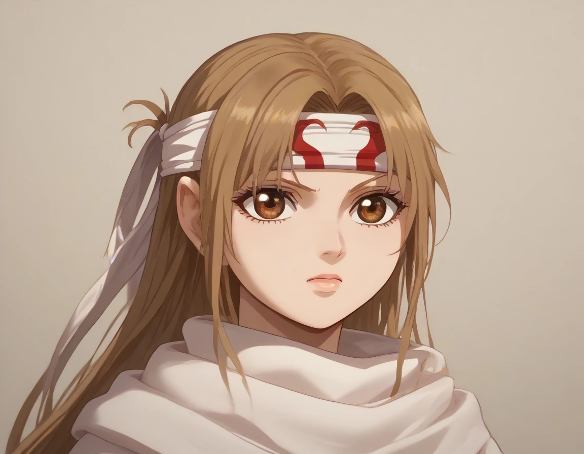  brown eyes very accurate clothing sharp gaze score_9, score_8_up, score_7_up, ((cowl)) (headband on forehead) detailed clothing beautiful girl kyoukai  asuna yuuki