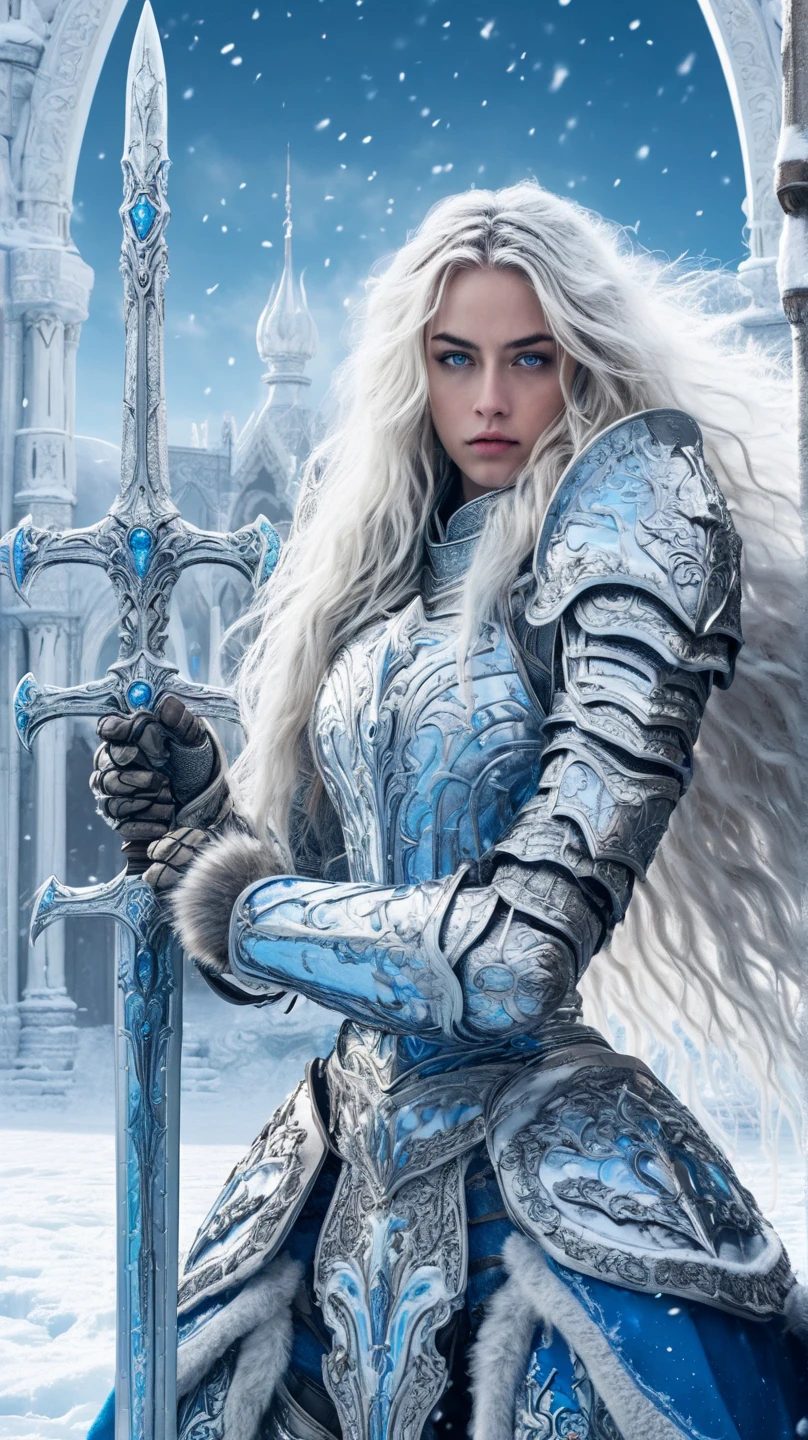  better quality , fantasy,  cinematic image ,  detailed image,  Detailed body ,  detailed face ,  detailed beautiful blue eyes, very long fluffy white hair , long fluffy eyelashes,  pretty girl ,  paladin knight , full knight armor ,  holds an icy two-handed sword,  proud look ,  full length, winter, ice palace , snowfall 