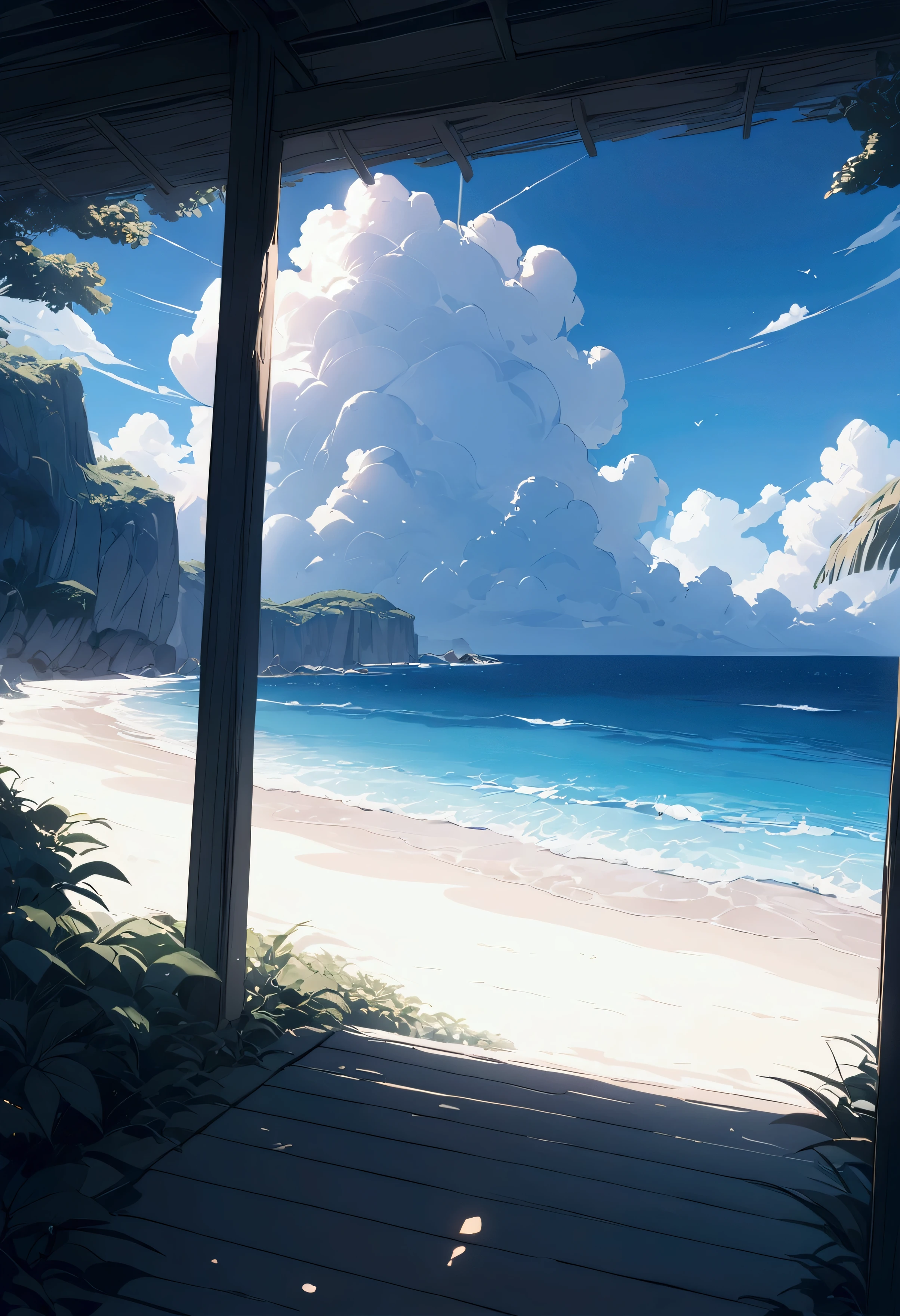 (( best quality)), ((masterpiece)), ( Details), ccurate, atmospheric perspective, wide shot, Chiaroscuro, cinematic lighting, 8k, super detail, best quality, award winning, best quality,  highres icon, 1080P, coast and summer sky ,  mysterious in another dimension, Relax, Summer daytime sky ,  beautiful beach, Cumulonimbus,  bright 