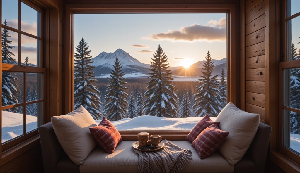 Set within a warmly lit room framed by large windows, this nook appears to be the perfect spot for relaxation. It is outfitted with soft, inviting pillows and overlooks a breathtaking winter landscape. Outside, the snow blankets the trees and ground, creating a serene, tranquil scene that is further enhanced by the soft glow of the setting sun behind snowy peaks. The room provides a feeling of comfort and warmth, contrasting with the chilly scene outside, making it an ideal space for quiet reflection or enjoying a warm drink.