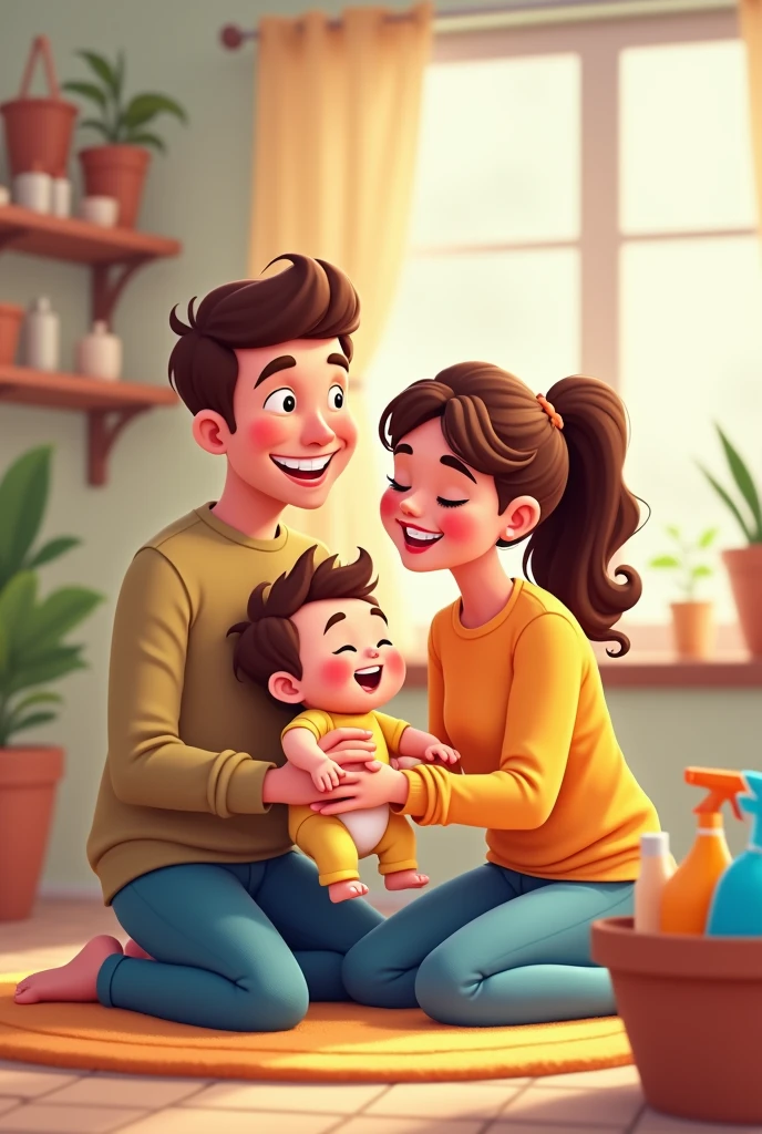 animated mom with a dark brown wavy hair and dad with glasses on a sunny morning preparing a breakfast while the baby is sitting on a brown high chair