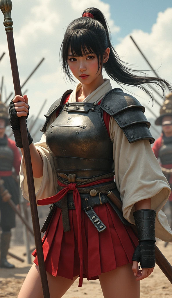 Whole body expression、 Japanese、、woman、 pretty girl、Foot soldiers in the Sengoku period、The chest and shoulders are equipped with armor 、Wearing a short kimono、 ponytail、 and the bangs are aligned above the eyebrows、 has a spear、Too much exposed skin、In a fighting pose、Realistically、 top quality、masterpiece、