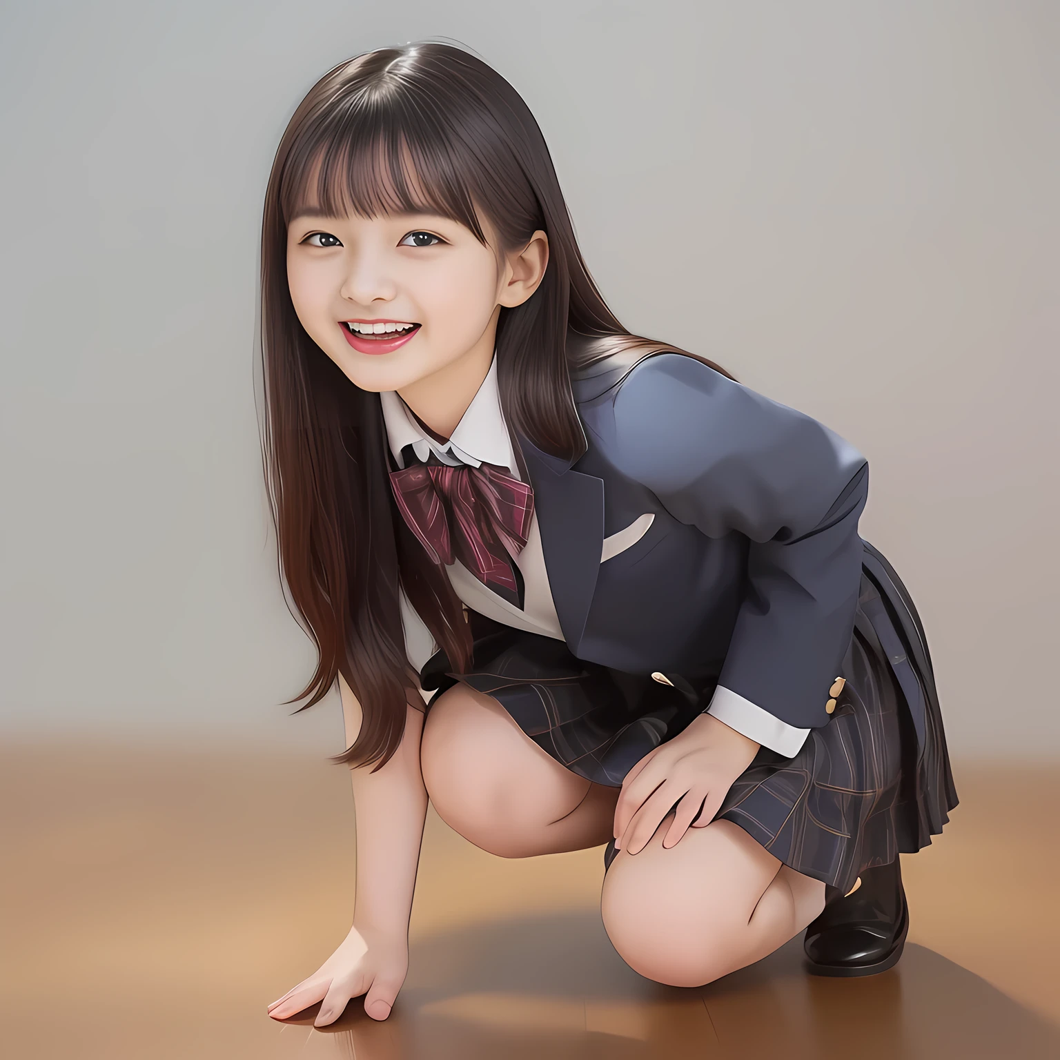 (Highest quality, masterpiece:1.2), Highest quality, High resolution, 1080P, 8k, clearly detailed, low-angle shot, height: 170cm, (Some 14yo idol girls are inviting, bending down deeply at waist, and looking down at the floor, bending down deeply at her waist, their shining eyes are looking down at the viewer directly, Girls faces are looking down and coming close to the viewer, Low-angle-skirt-close-shot from below the girls' knees, ((skirt close shot)), only high altar of succubus in school underground background: 2.0) (Nobly bowing super-pretty shining-long-hair super-beautiful super-bewitching super-cute expensive school-uniform pretty slender 14yo-fashion-model of most-beautiful-school-uniform-girl-models photo-magazine in Japan, too beautiful aristocratic daughter laughing down at the viewer, in supreme bliss, bowing and accepts the viewer's every desire: 1.8), (long bottom eye-slashes, long top eye-slashes), (very bewitching beautiful full-open lips: 1.4), (neat gorgeous school uniform of private high school in Japan. navy-school-blazer with gold-emblem, super-neat navy-blue-lined-tartan-checkered light-sky-blue-pleats-school-skirt, super-girly plain-red ribbon on the breast: 1.5), (bewitching expression, smile, lips, and pose to corrupt the viewer, everything is planned and prepared to corrupt the viewer into the allusion of love towards the girl: 1.2), (clearly detailed foreground focusing on girl's beauty and cuteness, gorgeous blue girly bed background of full-of-girls girly-heaven: 1.2), (some girls are putting her beautiful both hands and fingers on the viewer to tear off the viewer's cloths lustily and forcibly, which may also open the viewer's brain, pouring her girly white ecstasy drool to the viewer: 1.5), (sky-blue school skirt, beautiful legs, loafers: 1.6), (detailed brown eyes: 1.5)