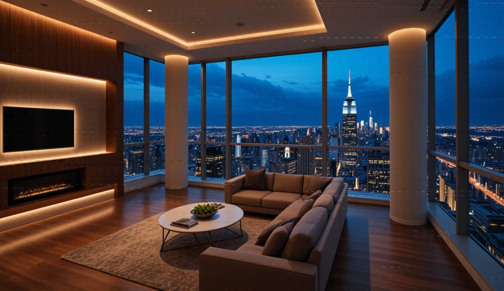 This image showcases a stunning high-rise apartment that epitomizes modern urban living. The living space is elegantly designed with large, floor-to-ceiling windows that provide a breathtaking view of the cityscape illuminated by countless lights under the night sky. The interior features a warm and inviting atmosphere with wooden accents and sophisticated lighting fixtures that add to the luxurious feel. Plush sofas and a neatly arranged seating area make it an ideal place for relaxation and social gatherings, enhancing the appeal of cosmopolitan living.