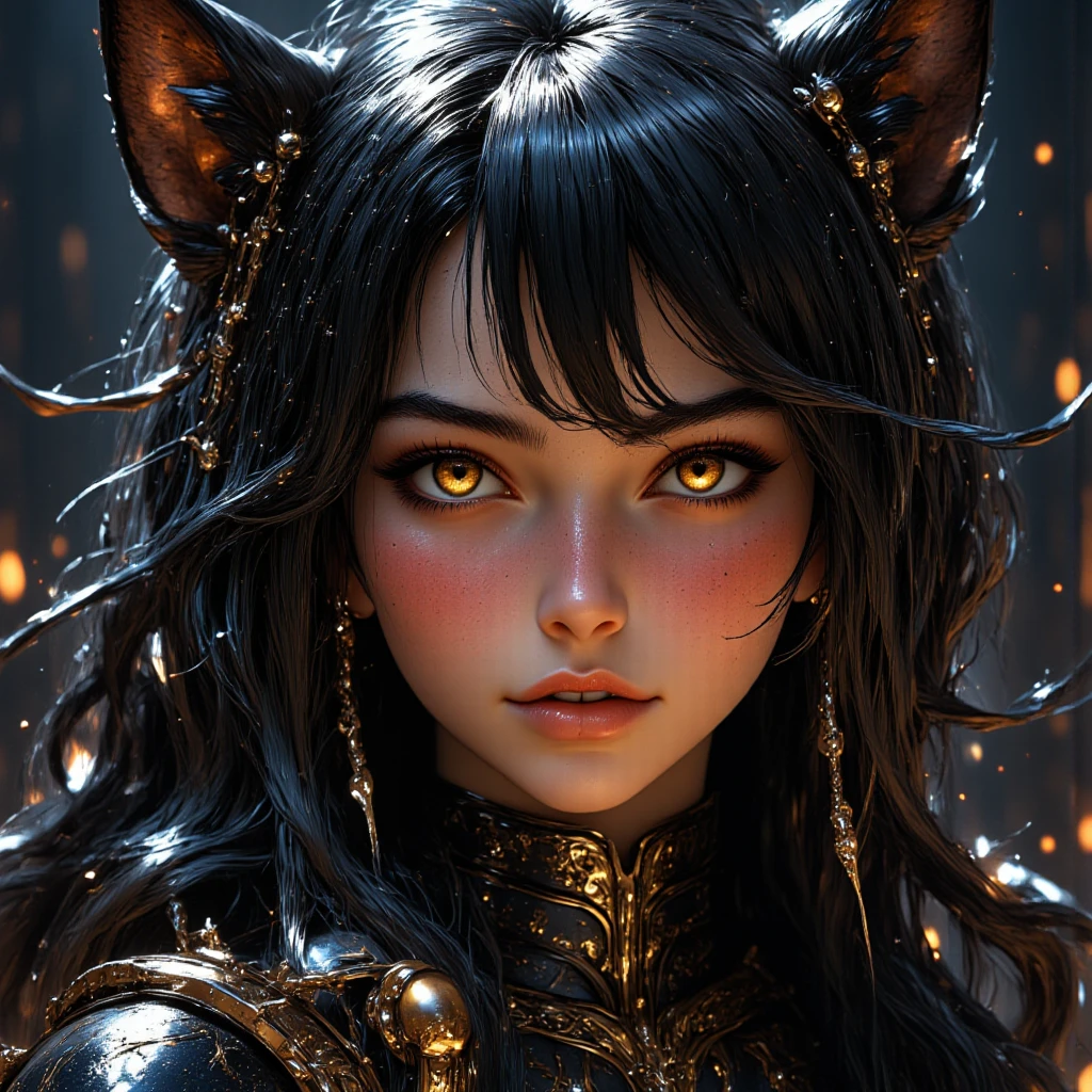  high definition , masterpiece,  anatomically correct, accurate,  top quality,  details,  high definition model,  very detailed,  textured skin,  black hair, Hair covering one eye,  shiny hair ,  Big Breasts ,  earrings, Squirrel Ears,  cat ear headphones,  smiles,  open her mouth ,  open your mouth slightly ,  golden eyes, happiness/joy,  eyes sparkle,  Dutch Angle,  ribbon hair accessory , Earphones,  take off the hood, x shaped hair ornament,  glitter effects,  Proximity Method,  Drop Shadow , Diffraction Spike,  Film Grains ,  3d rendering, 