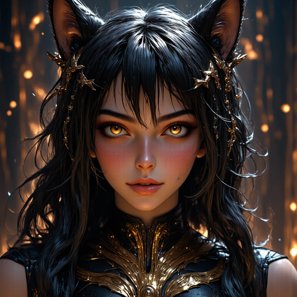  high definition , masterpiece,  anatomically correct, accurate,  top quality,  details,  high definition model,  very detailed,  textured skin,  black hair, Hair covering one eye,  shiny hair ,  Big Breasts ,  earrings, Squirrel Ears,  cat ear headphones,  smiles,  open her mouth ,  open your mouth slightly ,  golden eyes, happiness/joy,  eyes sparkle,  Dutch Angle,  ribbon hair accessory , Earphones,  take off the hood, x shaped hair ornament,  glitter effects,  Proximity Method,  Drop Shadow , Diffraction Spike,  Film Grains ,  3d rendering, 