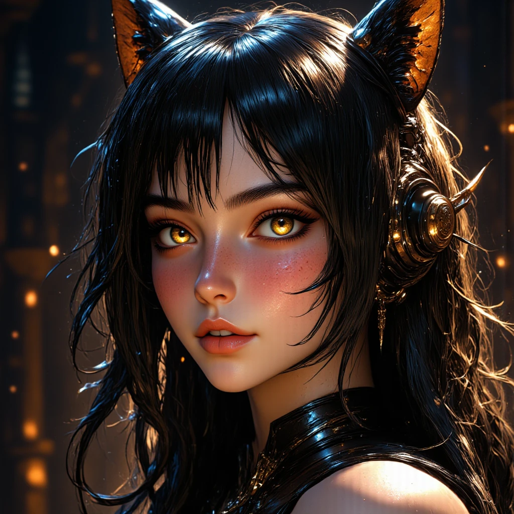  high definition , masterpiece,  anatomically correct, accurate,  top quality,  details,  high definition model,  very detailed,  textured skin,  black hair, Hair covering one eye,  shiny hair ,  Big Breasts ,  earrings, Squirrel Ears,  cat ear headphones,  smiles,  open her mouth ,  open your mouth slightly ,  golden eyes, happiness/joy,  eyes sparkle,  Dutch Angle,  ribbon hair accessory , Earphones,  take off the hood, x shaped hair ornament,  glitter effects,  Proximity Method,  Drop Shadow , Diffraction Spike,  Film Grains ,  3d rendering, 