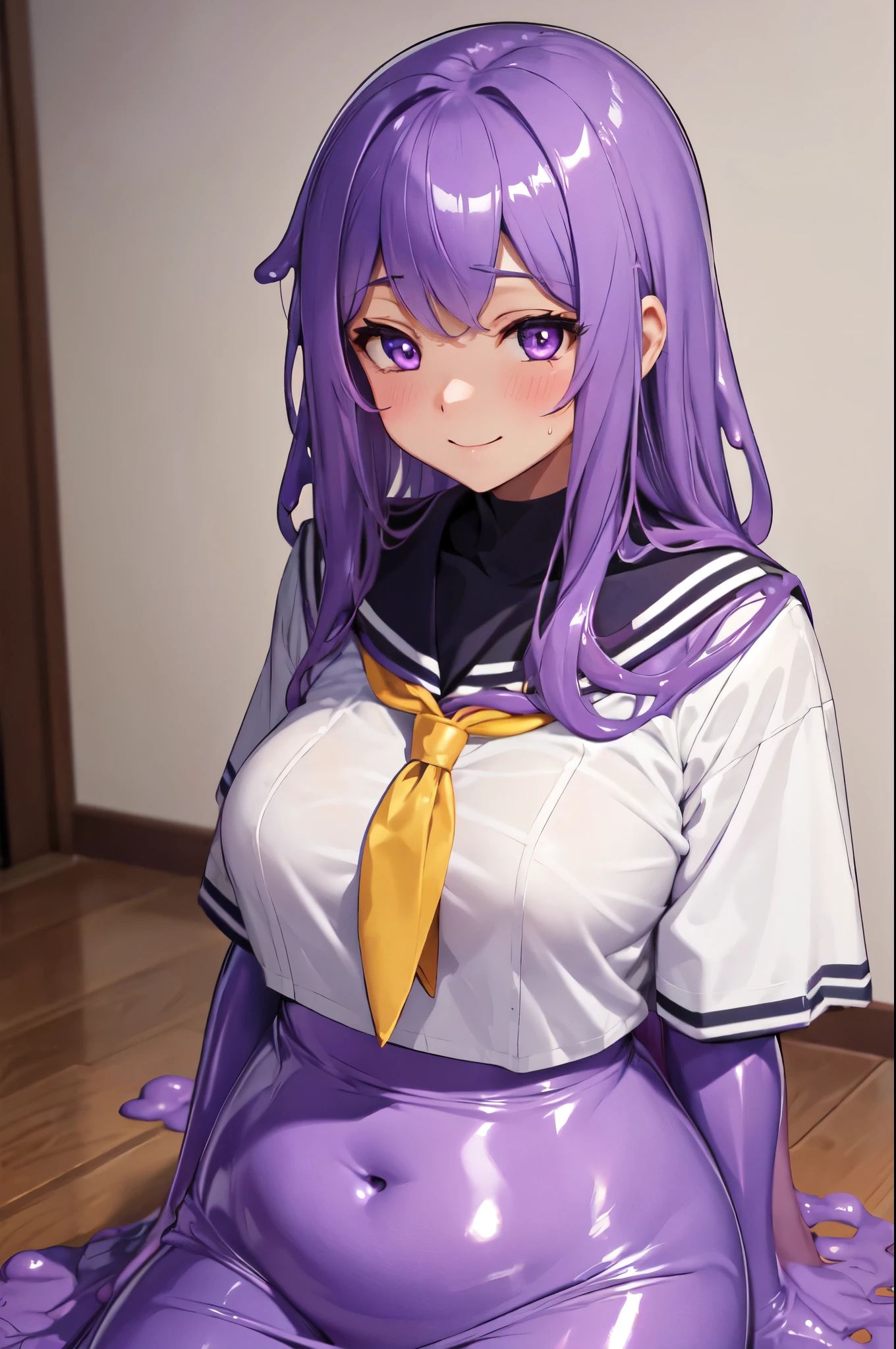 (High quality, High resolution, Fine details), slimecpt, purple slime, purple skin, sailor student uniform, solo, curvy adult women, sparkling eyes, (Detailed eyes:1.2), smile, blush, Sweat, Oily skin, Soft tones, shallow depth of field