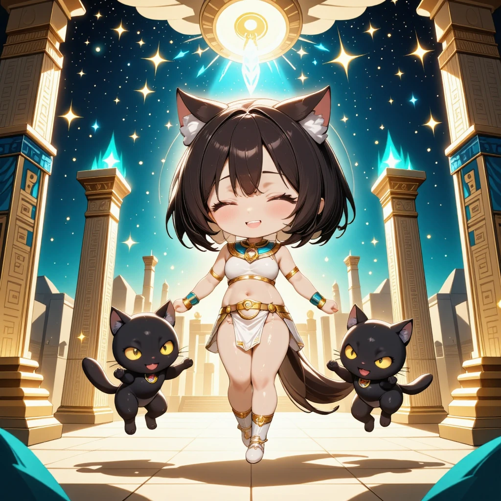 Chibi Bastet girl, tan skin, dark brown bob hair, sleek and proportional cat ears, slender cat tail, sparkling gold eyes, white-gold Egyptian outfit, joyful dancing pose. Two playful black cats accompany her, slender tails. Background: ancient Egyptian mystic atmosphere blended with cosmic fantasy, glowing stars, celestial patterns, ethereal hieroglyphs, golden accents, teal and deep space blue hues. Pop-art style, vibrant colors, ultra-detailed, clean lines, anime illustration