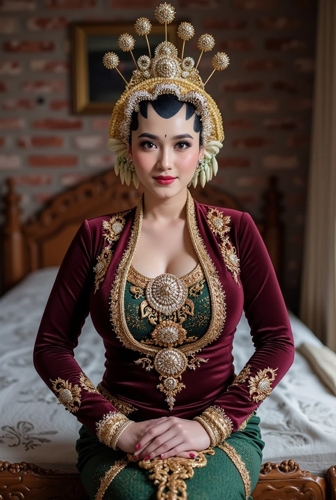  close-up picture .  A Taiwanese woman with hair up to her feet . Traditional traditional Javanese traditional robe shirt red color . Leg Traditional Java batik sarong green .  silver , cuffs, collar,  with gold crown intricately carved . Straight Arm Front Camera Hand Holding Front Camera. Elegant elegant aesthetic style . nice detail .  And nice . Pose Sitting on all fours on the mattress . pose hot.  with Expression mixed happy and excessive laughter. night time dim lights .  Simple room background. Brick wall background.  On a classic bed intricately carved . °mix4 , 20d,hyper-realistic:1.37),16K HD.  and her expression a mixture of shock and humor .  in a realistic style ,  but the scene has a funny comic effect and exaggeration adds to the humor of the situation.