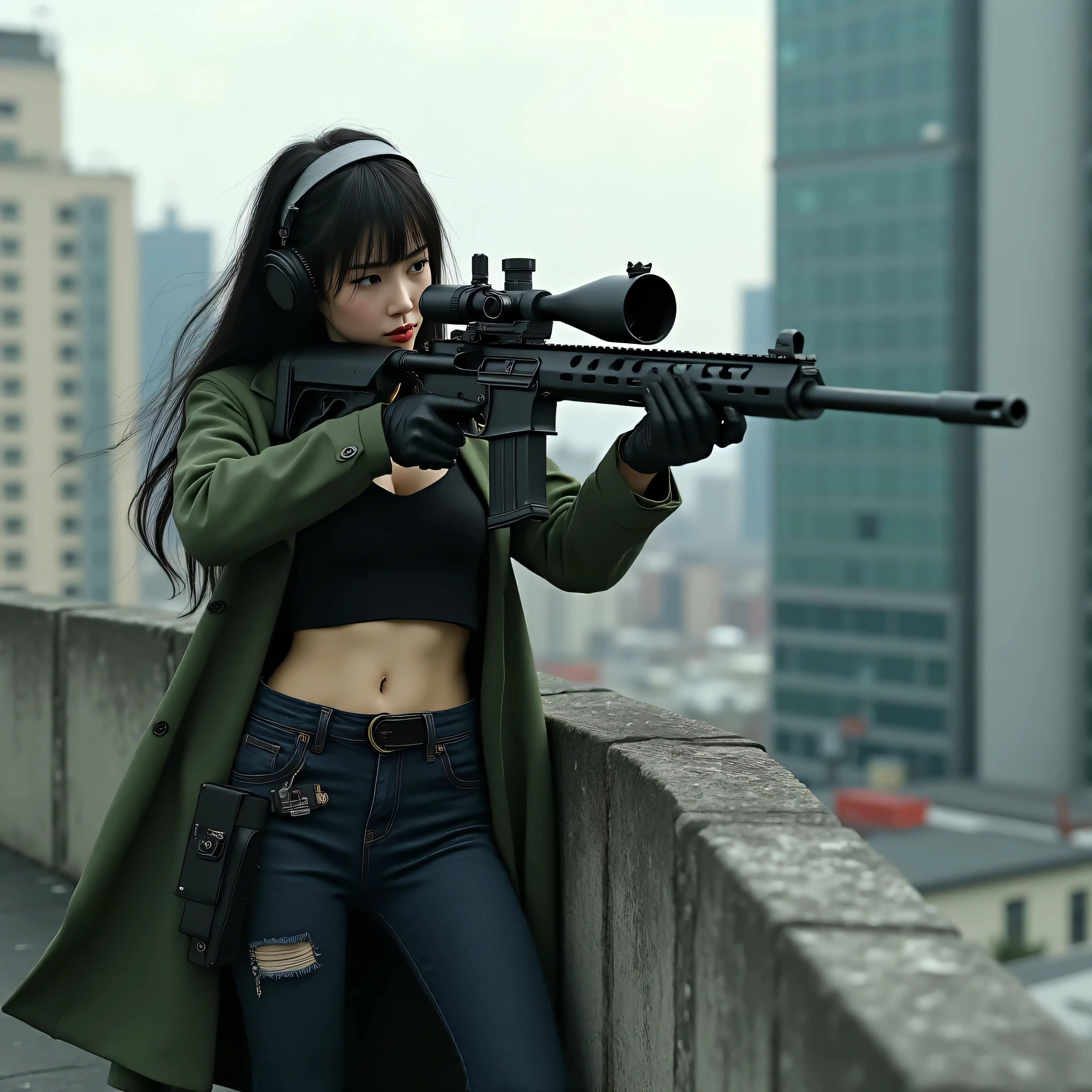 ((( top quality))), (( Realistic Pictures)), ((( photorealistic ))), (( anatomically accurate human body structure)), Realistically, super high resolution , 64k, (( 1 pretty and cool Japanese woman , Incredibly beautiful woman like a famous actress )), (((A sniper rifle with a military scope , AWM, L96A1 :1.5))), (( 1 Japanese female sniper , I'm wearing a green khaki long coat that is the same color as the color of my military uniform and is holding a sniper rifle with a large military scope , Super Beautiful Woman :1.5)), (( peek into the large scope and holding a sniper rifle )), (( has her butt hidden in a , Age 25, height 155 cm, Realistic white skin)), Sweat on the forehead, (Quite large bust, F Cup), ( Sweaty Realistic Cleavage ), ((Combat pose)), Staring at the target, ( detailed face ), (( beautiful straight black hair fluttering in the wind )), She has a thin gray headband , ( sexy body ), ( toned, muscular stomach ), ((I'm wearing a cool green khaki long coat :1.5)), (( The sleeves of the green khaki long coat are rolled up to the elbow :1.4)), Muscular arms, Black Tank Top, ( showing sweaty cleavage ), ( Black Tank Topの下からほんの少し引き締まった腹部とおへそが見える), dark navy blue slender jeans that have faded slightly , the knee part of my jeans is worn out and it's torn just a little bit , black half boots with high heels , (( gun holster with automatic pistol Glock19 on the belt )), (Spare magazine case ), (( Fingertip Type Black Leather Gloves )), black tech headset , Sniper rifle, the index finger of the right hand is touching the trigger , ((Office building rooftop)), (( a cool pose of shooting at a target in a neighboring building from a gap in a high fence :1.5)), (((( standing inside a fence on the roof of a high-rise building , standing on the edge of a rooftop I'm holding my rifle downwards while looking into the large scope and aiming:1.5)))), ((I'm putting the sniper rifle out of the fence)), (((( I'm standing on my left knee at the rooftop end of a high-rise building and sitting with my right knee down and holding a sniper rifle diagonally downward :1.4)))), (( holding a sniper rifle with the muzzle facing diagonally downward :1.4)), urban background showing surrounding skyscrapers , cinematic footage , Aggressive Atmosphere , ( photorealistic :1.5), shot with a 35mm wide-angle lens , ((Stains from sweat and mud all over the body )), (Black intercom and black headphones ), Strong wind is blowing and the long coat and tank top are swaying , The subject is spotlight , catchlight with realistic eyes , A large black long case for military binoculars and sniper rifles is placed next to the woman , Accurate hand shape, Accurate hand finger shape , Exact number of fingers