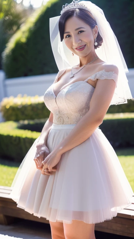 full body shot, from below,  japanese mature,  detailed face , smile, Facial wrinkles, Wrinkles around the eyes,  Detailed Skin Textures ,  white skin,  long hair, curvy body, saggy breasts,  plump thighs, (earrings,  necklace, ballerina, wedding dress, tiara, wedding veil, mini skirt:1.2), ( is wearing high heels:1.2), (Standing in the garden,  photograph the whole body from toe to head,:1.2), (surrealism, best quality, ultra detailed, absolutely resolution, 8k, anatomically correct), depth of field, looking at viewer, full body,  detailed face , (very short mini skirt wedding dress, Flared skirt)
