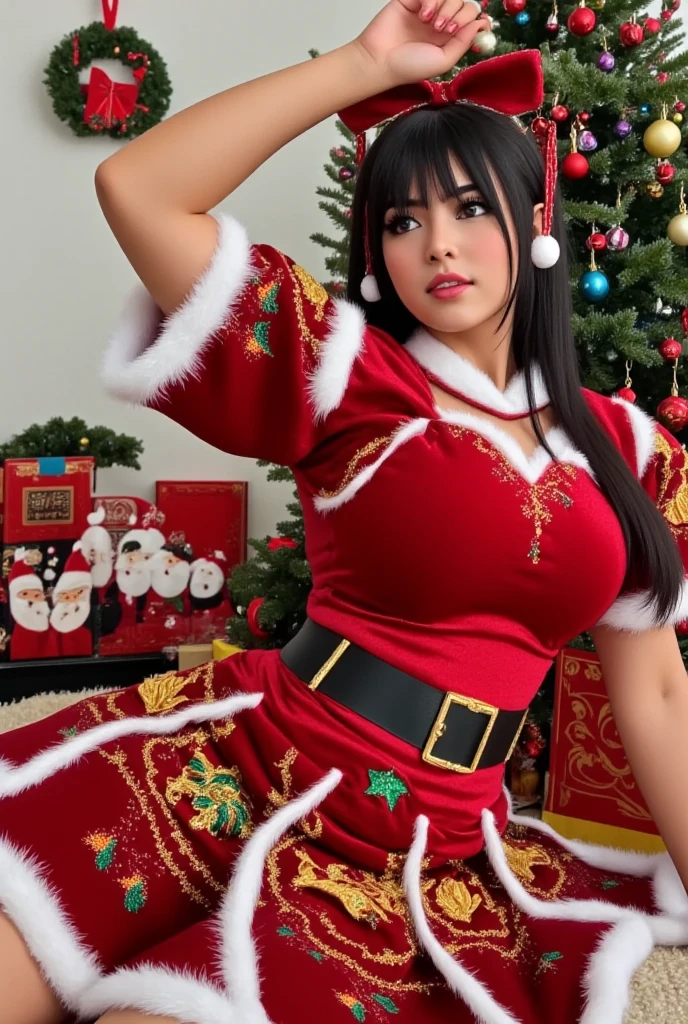 a girl sits in front of a Christmas tree decorated with neon purple coloured lights and gold tinsel with silver balls she is about to open her presents that are under the Christmas tree she is excited and is wearing a red Santa hat photoreal,
