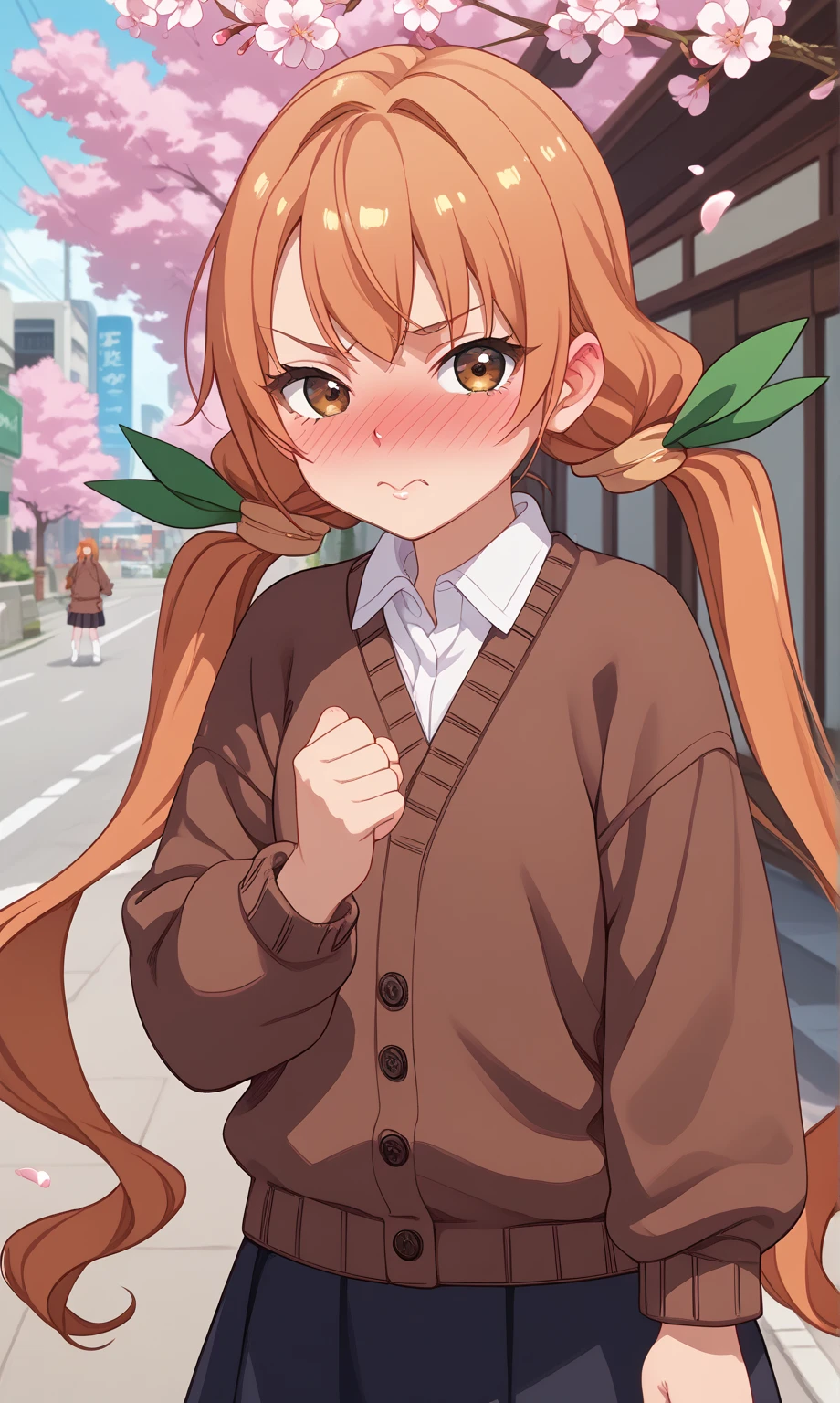 score_9, score_8_up, score_7_up, source_anime, 1girl, solo, outdoors, street, cherry blossoms, cowboy shot, standing, looking at viewer, shiny skin, close-up, karane_inda, brown eyes, orange hair, very long hair, low twintails, green ribbon, hair ribbon, collared shirt, brown cardigan, long sleeves, miniskirt, black skirt, white socks, loose socks, brown footwear, clenched hands, nose blush, anime screencap
