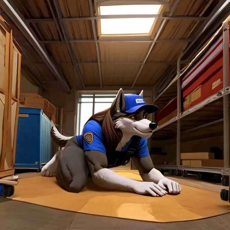 (masterpiece, best quality:1.2), anthropomorphic, furry, wolf, wearing a security vest, sniffling boxes, airport cargo room, all fours, sfw, no nsfw, long haired, security baseball cap 